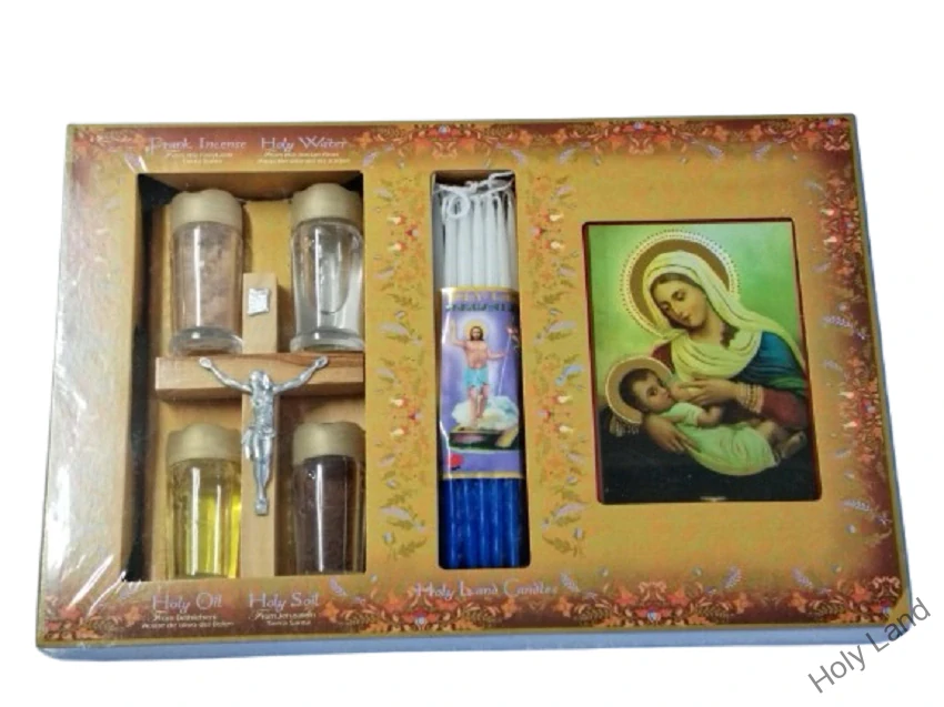 Set sv.voda/olej/zemina/kadidlo/kríž/Jeruzalemské medové sviečky a ikona