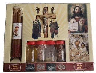 Set sv.voda/olej/zemina/kadidlo/kríž/Jeruzalemské medové sviečky 